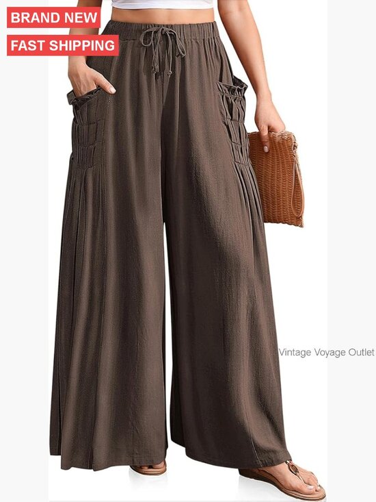 Pants - Linen Palazzo Pants Wide Leg Drawstring Casual Lounge Boho Beach
